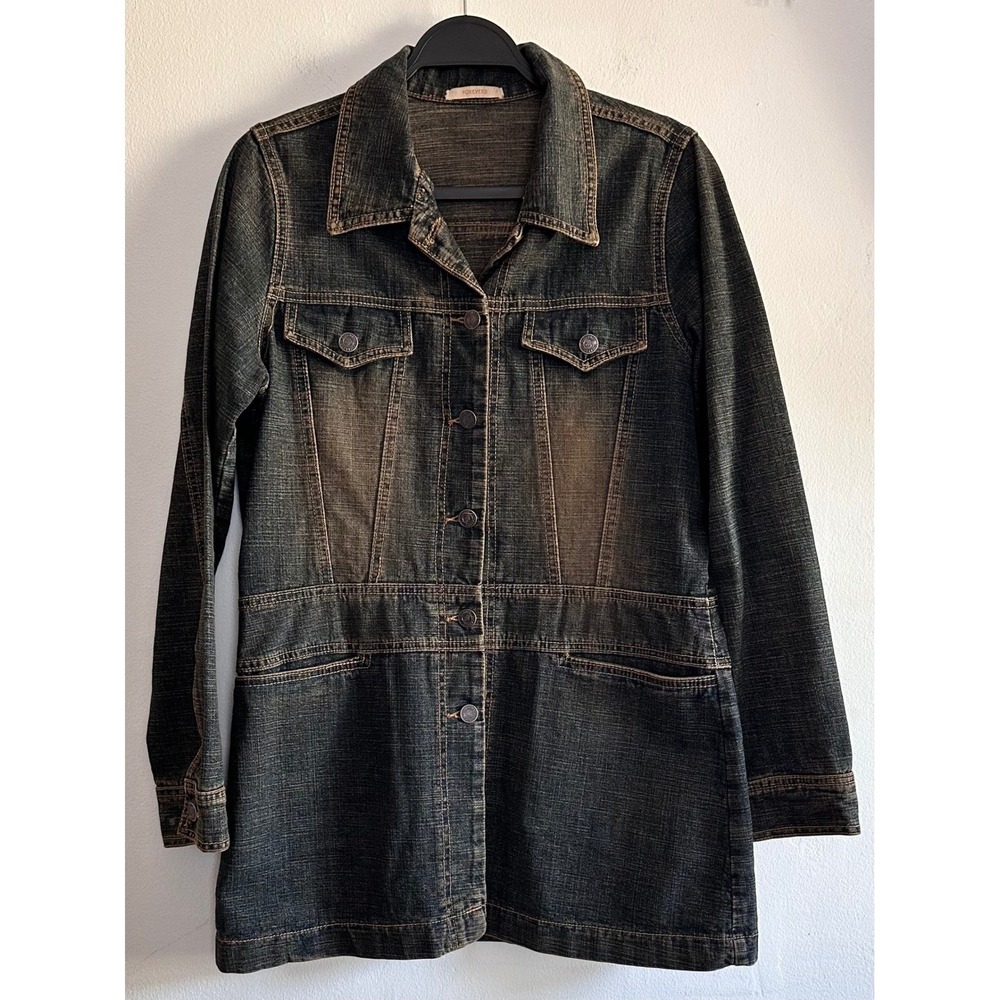 F21 Denim Longline Jacket SM Sandblasted Dark Wash Y2K Grunge‎ Retro Streetwear